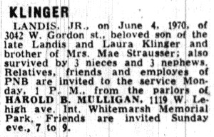 Obituary for Landis Klinger JR as published in The Philadelphia Inquirer on 06/07/1970.